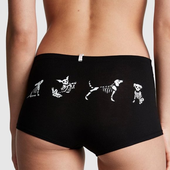 VS L HALLOWEEN PINK Cotton Boyshort Panty Skeleton Dogs Pups Animals NWT - Picture 4 of 9